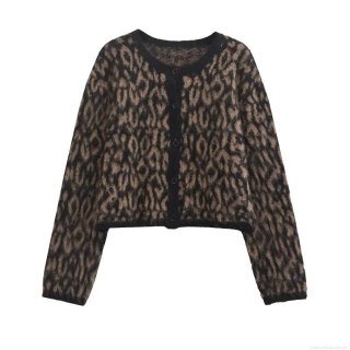 Women Leopard Print Cardigan Sweater Knitted Fuzzy Mohair Like Button Up Cropped Jacket Casual Loose Long Sleeve Outwear Fall Winter