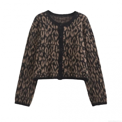 Women Leopard Print Cardigan Sweater Knitted Fuzzy Mohair Like Button Up Cropped Jacket Casual Loose Long Sleeve Outwear Fall Winter