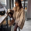 Women's Oversized Cable Knit Sweater Loose Polyester Wool Blend Round Neck Bell Sleeve Thick Pullover Tops For Winter Autumn Casual Daily Retro Knitwear