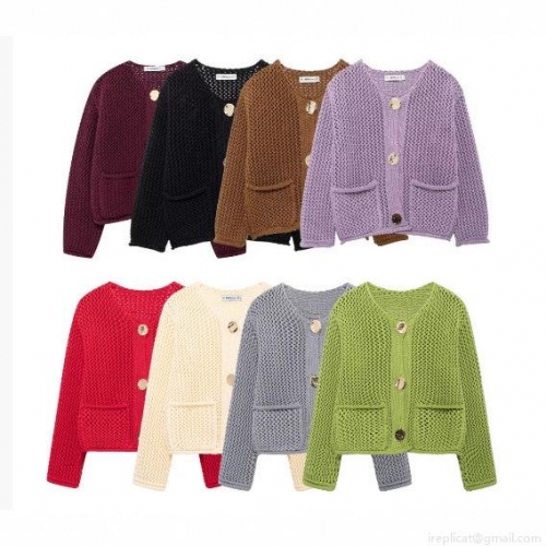 Women's Vintage Chunky Knit Cardigan Sweater Hollow Out Long Sleeve Crop Top With Gold Buttons And Pockets Casual Loose Fit Outwear