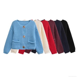 Women's Thick Knit Cardigan Single Breasted Solid Color Sweater With Pockets Round Neck Casual Long Sleeve Knitted Outerwear Soft Warm Comfortable Tops