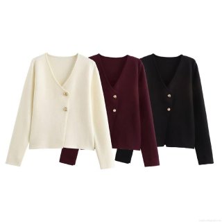 Women's Elegant V-Neck Knitted Cardigan Top Long Sleeve 100% Polyester Solid Color Sweater With Gold Buttons For Daily Casual Commute Chic Slim Fit Wear