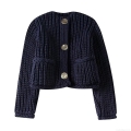 Women's Chunky Knit Short Sweater Navy Blue Round Neck Long Sleeve Button Cardigan Knitwear Streetwear Casual Soft Warm Autumn Winter Top