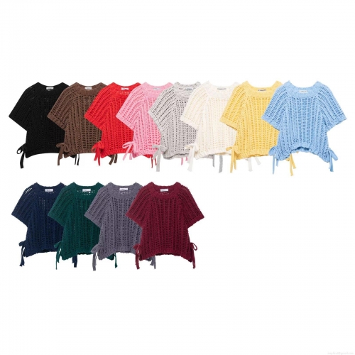 Women's Hollow Out Knit Sweater Vest Side Lace-up Bow Short Sleeve Crewneck Pullover Top Casual Solid Color Crochet Knitwear For Women