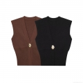 Women's V-Neck Knitted Vest With Single Gold Button Slim Fit Sleeveless Solid Color Polyester Knit Waistcoat For Daily Streetwear Party Lady Style