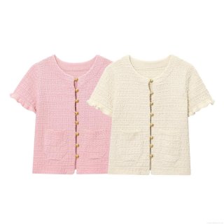 Women's Elegant Short Sleeve Knit Cardigan Round Neck Gold Buttons Ruffle Trim Polyester Solid Color Soft Knitted Top For Women Daily Fashion