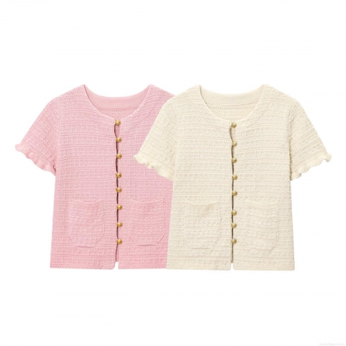 Women's Elegant Short Sleeve Knit Cardigan Round Neck Gold Buttons Ruffle Trim Polyester Solid Color Soft Knitted Top For Women Daily Fashion