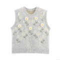 Women's Retro Round Neck Knit Vest 3D Floral Decoration Sleeveless Knitted Waistcoat 100% Polyester Vintage Casual Sweater Tank Top For Ladies