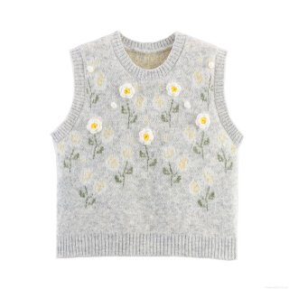Women's Retro Round Neck Knit Vest 3D Floral Decoration Sleeveless Knitted Waistcoat 100% Polyester Vintage Casual Sweater Tank Top For Ladies