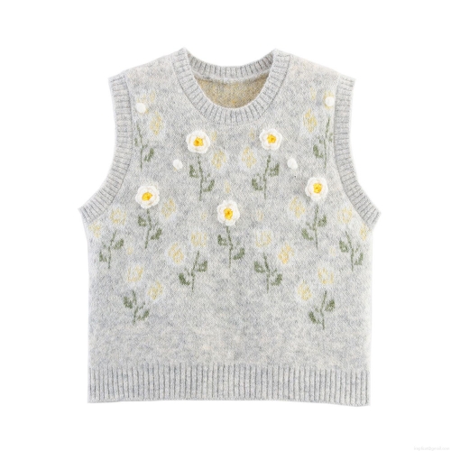 Women's Retro Round Neck Knit Vest 3D Floral Decoration Sleeveless Knitted Waistcoat 100% Polyester Vintage Casual Sweater Tank Top For Ladies