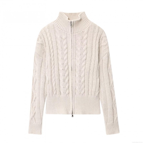 Women's Cable Knit Cardigan Zipper Up Stand Collar Long Sleeve Sweater Loose Casual Polyester Knitwear Outerwear For Autumn Winter