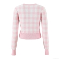 Women's Plaid Knitted Cardigan Sweet Gingham Check Long Sleeve Round Neck Button Up Short Sweater Jacket For Lady Streetwear