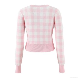 Women's Plaid Knitted Cardigan Sweet Gingham Check Long Sleeve Round Neck Button Up Short Sweater Jacket For Lady Streetwear