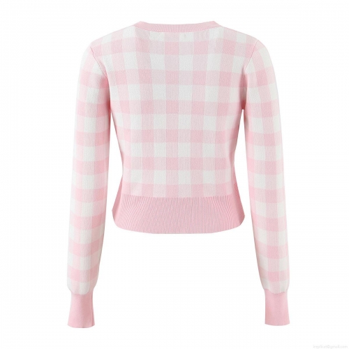 Women's Plaid Knitted Cardigan Sweet Gingham Check Long Sleeve Round Neck Button Up Short Sweater Jacket For Lady Streetwear