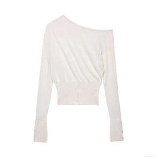 Women's Off-Shoulder Knit Sweater Long Sleeve Slim Fit Pullover With Side Decorative Buttons Solid Color Polyester Fine Knit Top For Daily Outing