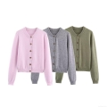 Women's Knitted Cardigan Sweater Elegant Round Neck Solid Color Wood Button Long Sleeve Casual Soft Knit Jacket For Spring Autumn Women Fashion