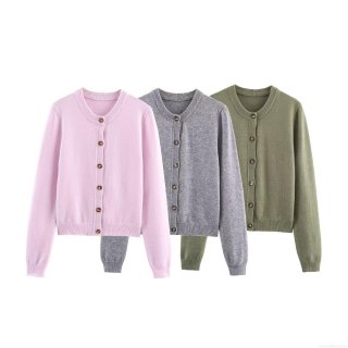 Women's Knitted Cardigan Sweater Elegant Round Neck Solid Color Wood Button Long Sleeve Casual Soft Knit Jacket For Spring Autumn Women Fashion