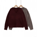 Women's Casual V Neck Knitted Sweater Loose Long Sleeve Solid Color Polyester Pullover Knitwear Jumper For Daily Wear