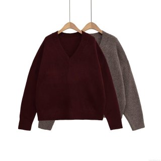 Women's Casual V Neck Knitted Sweater Loose Long Sleeve Solid Color Polyester Pullover Knitwear Jumper For Daily Wear