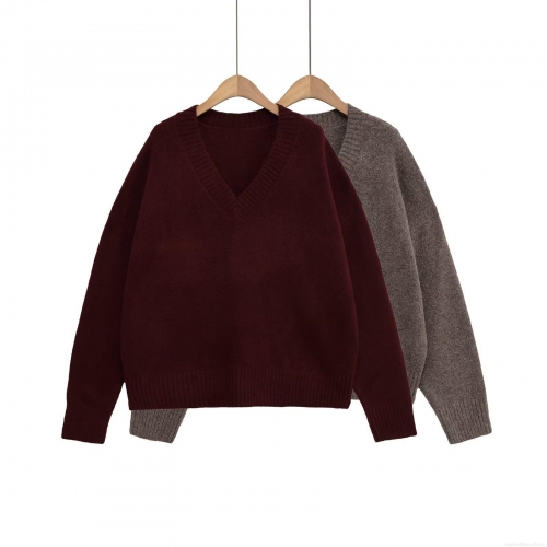 Women's Casual V Neck Knitted Sweater Loose Long Sleeve Solid Color Polyester Pullover Knitwear Jumper For Daily Wear