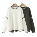 Women's Polyester Knit Sweater Contrast Stitch Round Neck Loose Casual Long Sleeve Pullover Jumper Minimalist Fashionable Soft Knitwear Tops