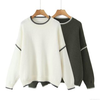 Women's Polyester Knit Sweater Contrast Stitch Round Neck Loose Casual Long Sleeve Pullover Jumper Minimalist Fashionable Soft Knitwear Tops