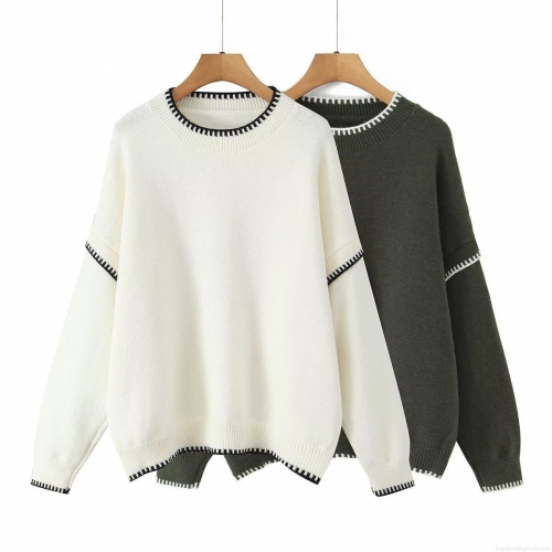 Women's Polyester Knit Sweater Contrast Stitch Round Neck Loose Casual Long Sleeve Pullover Jumper Minimalist Fashionable Soft Knitwear Tops