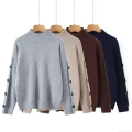 Women's Knit Sweater Mock Neck Pullover Slim Fit Long Sleeve Top With Button Cuff Detail Casual Solid Color Ribbed Jumper For Autumn Winter