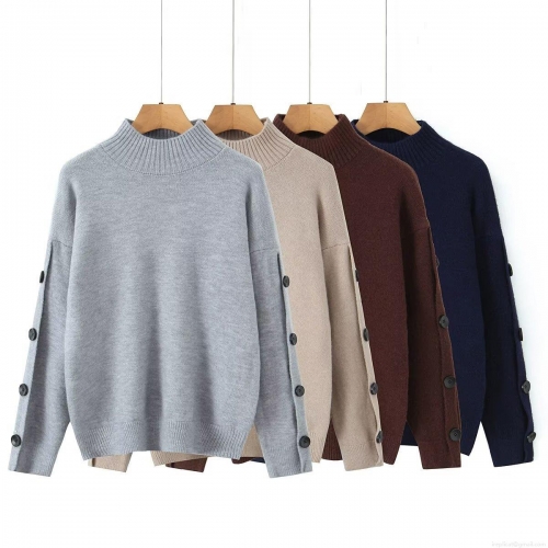 Women's Knit Sweater Mock Neck Pullover Slim Fit Long Sleeve Top With Button Cuff Detail Casual Solid Color Ribbed Jumper For Autumn Winter
