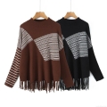 Women's Loose Knitted Pullover Sweater With Tassel Hem Geometric Jacquard Long Sleeve Round Neck Casual Jumper Women Fashion Knitted Top