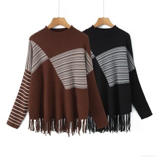 Women's Loose Knitted Pullover Sweater With Tassel Hem Geometric Jacquard Long Sleeve Round Neck Casual Jumper Women Fashion Knitted Top