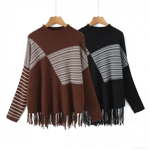 Women's Loose Knitted Pullover Sweater With Tassel Hem Geometric Jacquard Long Sleeve Round Neck Casual Jumper Women Fashion Knitted Top