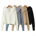 Women's Fashion Casual Knit Cardigan With Faux Fur Collar Hooded Metal Zipper Long Sleeve Warm Sweater Coat For Autumn Winter Solid Color Elegant Outerwear
