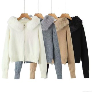 Women's Fashion Casual Knit Cardigan With Faux Fur Collar Hooded Metal Zipper Long Sleeve Warm Sweater Coat For Autumn Winter Solid Color Elegant Outerwear