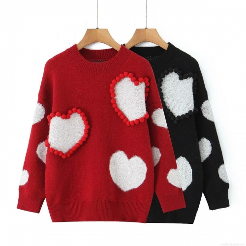 Women's Long Sleeve Round Neck Knit Sweater 3D Plush Heart Patch Pullover Casual Loose Fit Warm Soft Jumper Top for Daily Wear Sweet Cute Style
