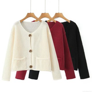 Women's V-Neck Knit Cardigan Sweater With Gold Metal Buttons Thickened Solid Color Hollow Crochet Long Sleeve Loose Outerwear Top For Women Autumn Winter
