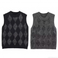 Women Sequin Argyle Knit Vest Sleeveless Round Neck Diamond Pattern Polyester Knitted Sweater Vest Chic INS Style Tops For Women