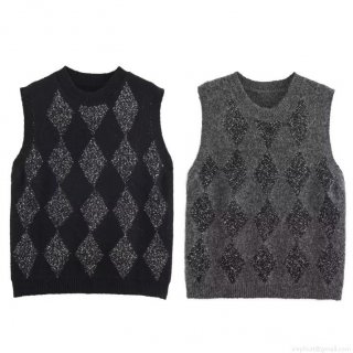 Women Sequin Argyle Knit Vest Sleeveless Round Neck Diamond Pattern Polyester Knitted Sweater Vest Chic INS Style Tops For Women