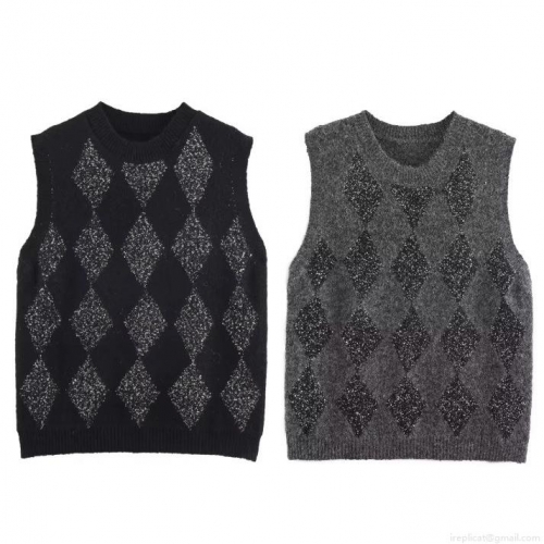 Women Sequin Argyle Knit Vest Sleeveless Round Neck Diamond Pattern Polyester Knitted Sweater Vest Chic INS Style Tops For Women