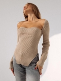 Women's Ribbed Knit Sweater Sweetheart Neck Sexy Slim Fit Long Sleeve Pullover Asymmetric Hem Side Slit Tops Fashion Casual Autumn Winter Jumper for Women Streetwear