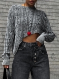 Women's Cable Knit Crop Sweater Long Sleeve Round Neck Washed Distressed Irregular Hem Pullover Loose Fit Cotton Blend Knitted Top Fall Winter Casual Streetwear Minimalist Fashion