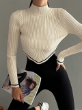 Women Slim Fit Ribbed Knit Top Long Sleeve Contrast Trim Mock Neck Pullover Sweater Cotton Blend Breathable Streetwear Solid Color Autumn Winter