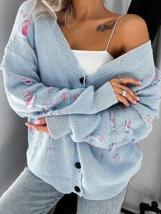 Women's Retro Distressed Knit Cardigan Cotton Blend V-Neck Oversized Sweater Streetwear Vintage Loose Button Front Top With Pink Hole Detail