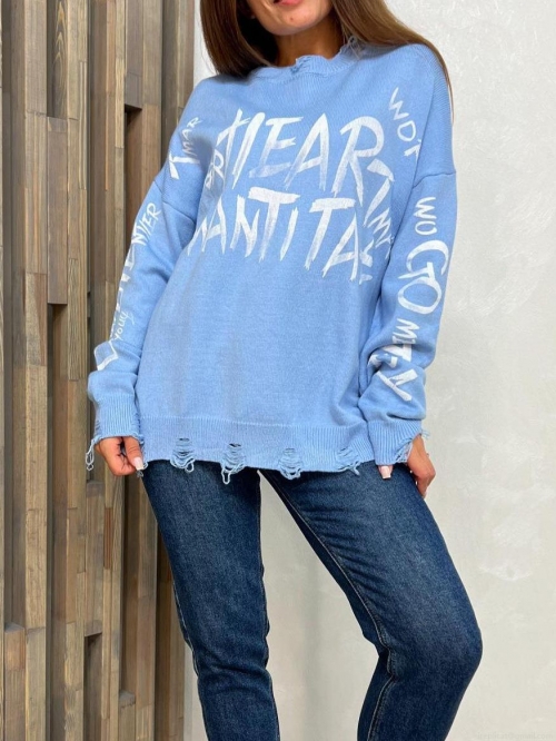 Women's Oversized Graffiti Letter Print Knitted Sweater Distressed Ripped Round Neck Pullover Long Sleeve Cotton Acrylic Blend Casual Streetwear Knitwear Top