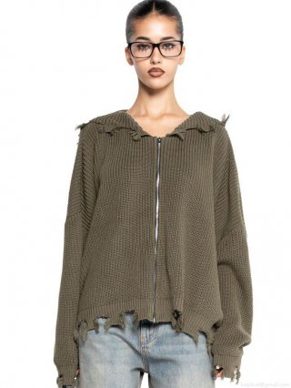 Women's Distressed Knit Hooded Sweater Cardigan Cotton Blend Oversized Zip Up Jacket With Fringed Edges Streetwear Autumn Winter Long Sleeve Top