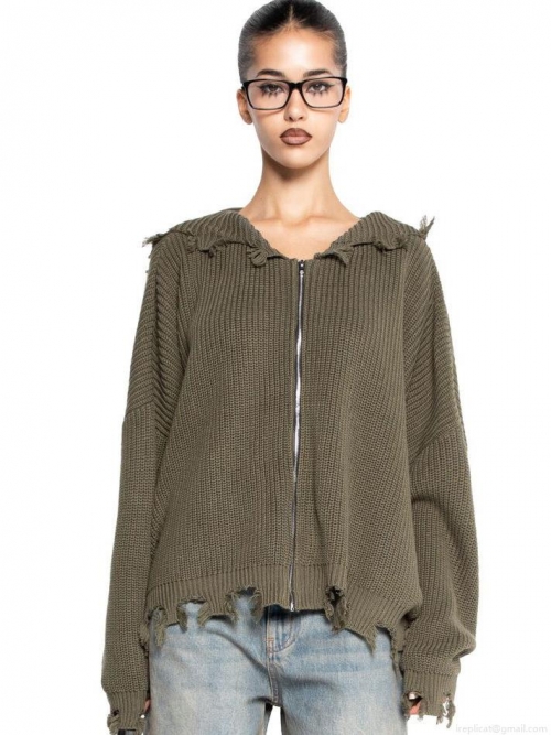 Women's Distressed Knit Hooded Sweater Cardigan Cotton Blend Oversized Zip Up Jacket With Fringed Edges Streetwear Autumn Winter Long Sleeve Top