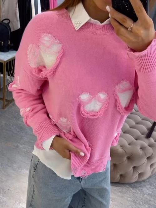 Women Distressed Knitted Sweater Heart Shaped Ripped Hole Cotton Polyester Blend Long Sleeve Crew Neck Streetwear Casual Loose Jumper Top