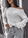 Women's Sexy Off-Shoulder Cotton Knit Sweater Chunky Long Sleeve Loose Fit Short Crop Top Streetwear Y2K Minimalist Solid Color Pullover Knitwear