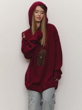 Women's Oversized Hooded Knit Sweater Cotton Blend Distressed Ripped Shoulder Pullover Long Sleeve Autumn Streetwear Jumper Top