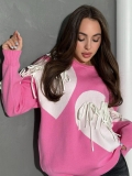 Women's Fashion Heart Pattern Knit Sweater Color Block Long Sleeve Crew Neck Pullover With Tassel Fringed Casual Autumn Winter Slim Fit Knitwear Tops